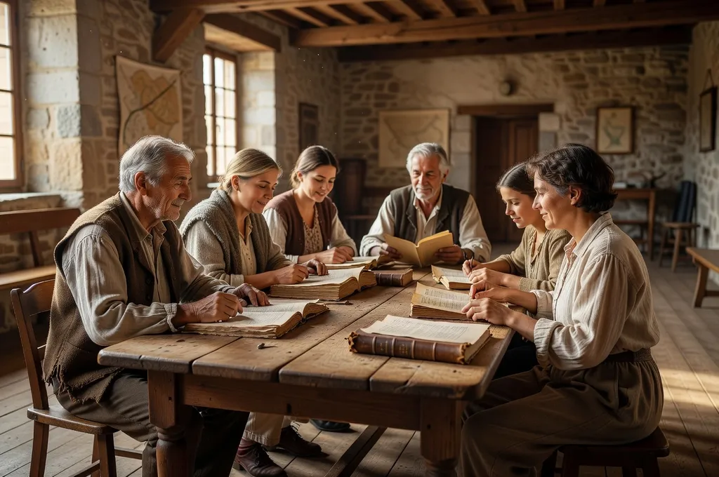 Atelier de langue régionale, personnes âgées et jeunes lisant ensemble des textes en patois