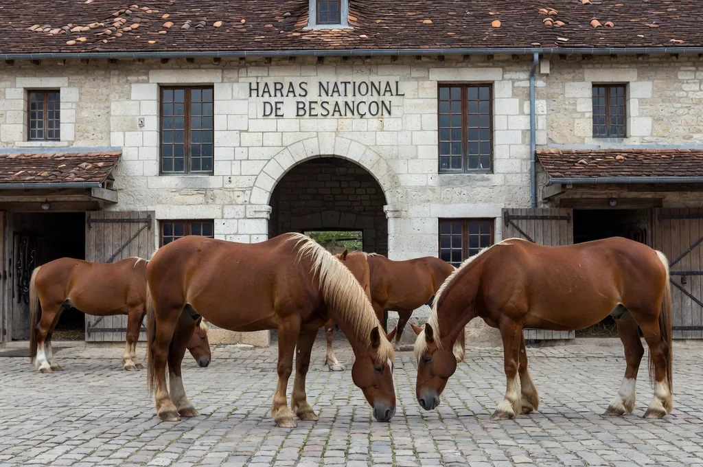 Chevaux comtois en pâturage libre sur les hauteurs du massif du Jura en été
