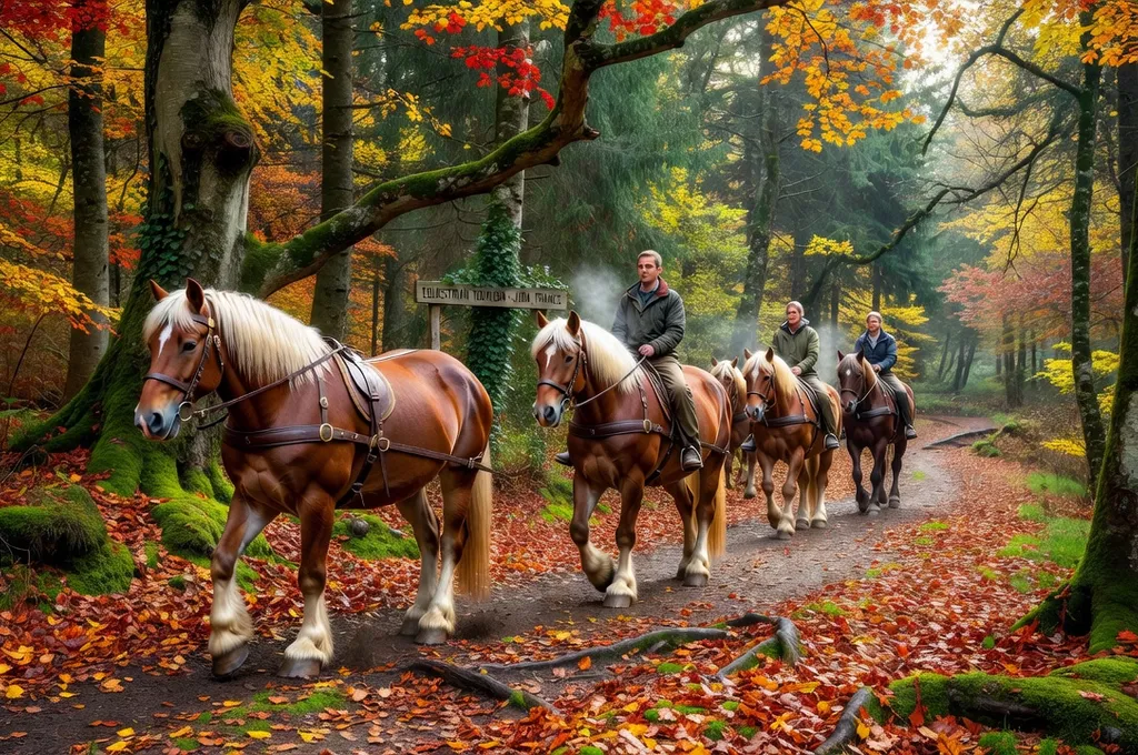 Cheval comtois en attelage lors d'une démonstration de débardage forestier dans le massif du Jura
