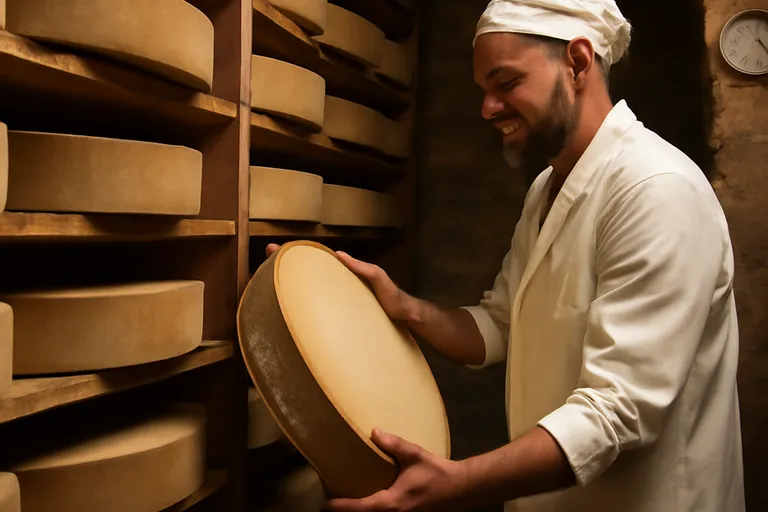 Meules de Comté en cours d'affinage dans les galeries du Fort Saint-Antoine