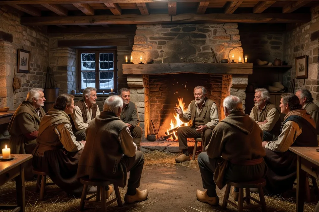 Veillée comtoise traditionnelle autour d'une cheminée, conteur et auditeurs au coin du feu