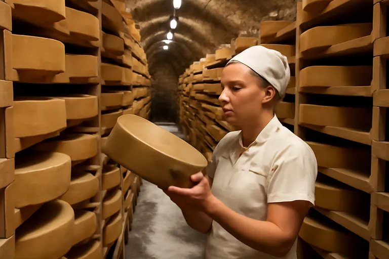 Meules de Comté sur les planches d'affinage d'une cave fruitière comtoise