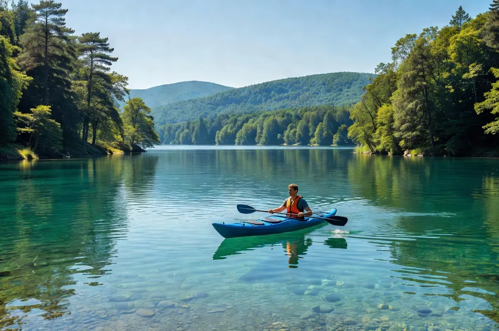 Kayak sur les lacs de Clairvaux-les-Lacs, Jura, eaux turquoise et forêt de résineux au bord