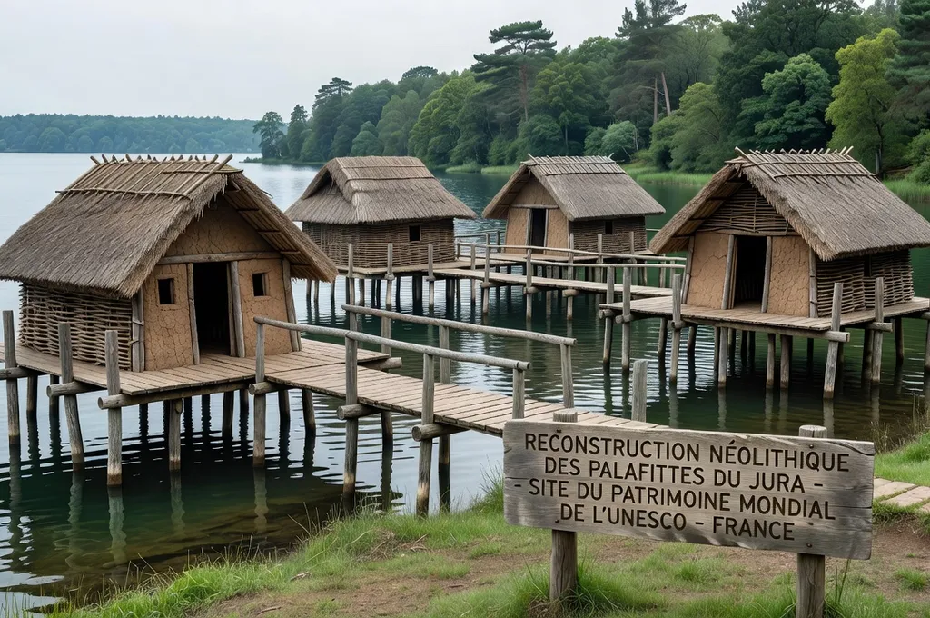 Reconstitution d'habitations néolithiques sur pilotis sur un lac du Jura, palafittes UNESCO, ciel bleu