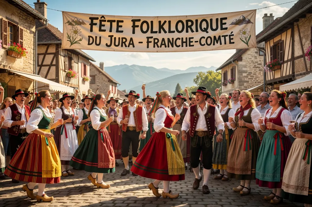 Fête de village comtoise, costumes traditionnels, chant en patois et danse de la gavotte