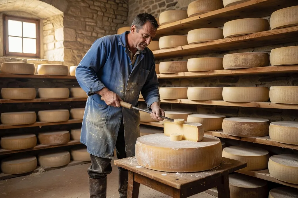 Cave d'affinage de Comté, meules alignées sur des planches d'épicéa