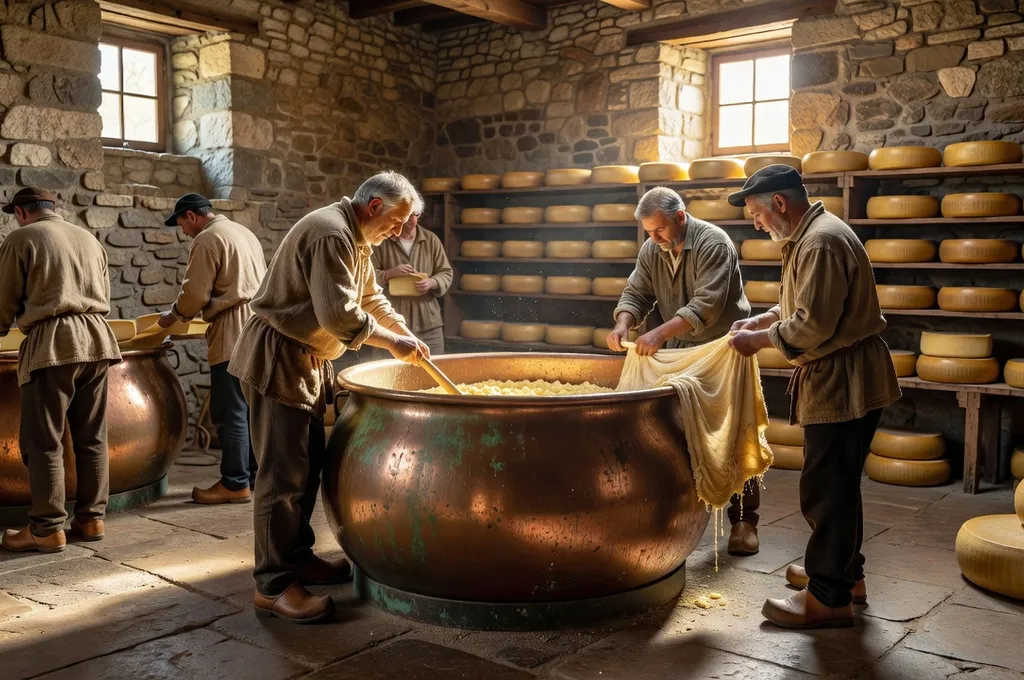 Fromager sondant une meule de Comté dans la cave d'affinage