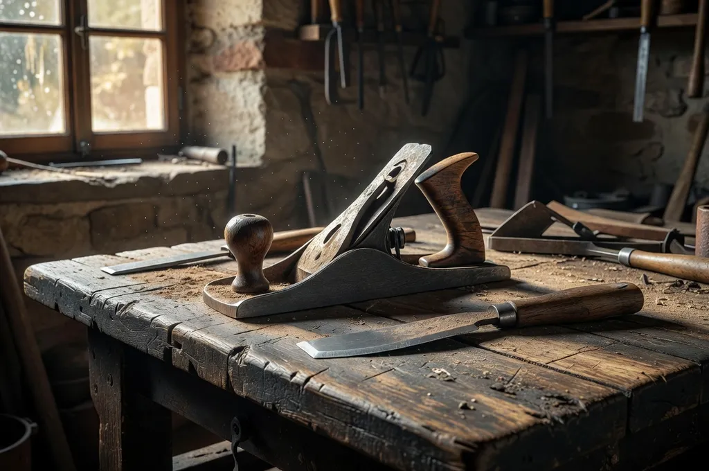 Outils anciens d'artisan comtois posés sur un établi en bois, rabot et taillant