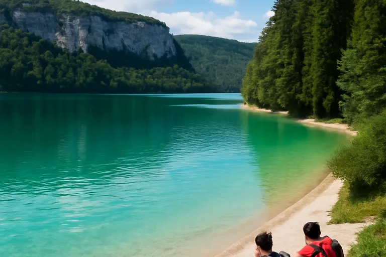 Vue sur le lac de Chalain entouré de falaises calcaires et de forêts dans le Jura