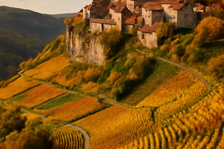 Vignes en terrasses de Château-Chalon au soleil d'automne avec les falaises calcaires