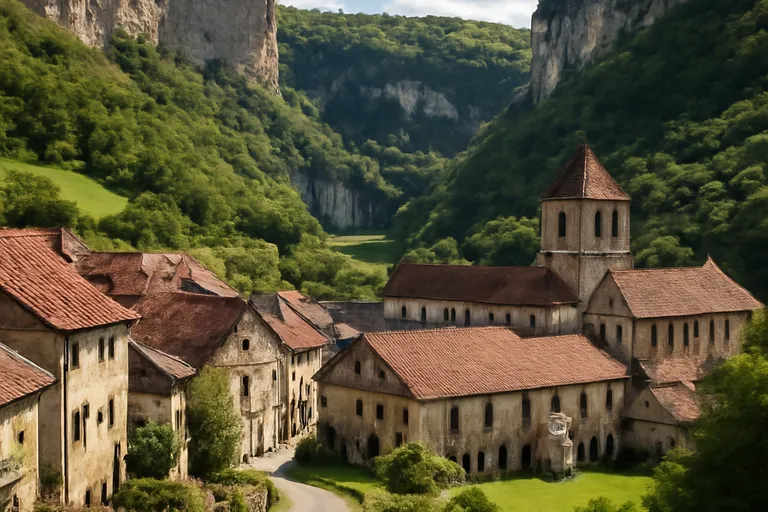 Vue sur les maisons reflétées dans la Loue à Ornans, village de Gustave Courbet